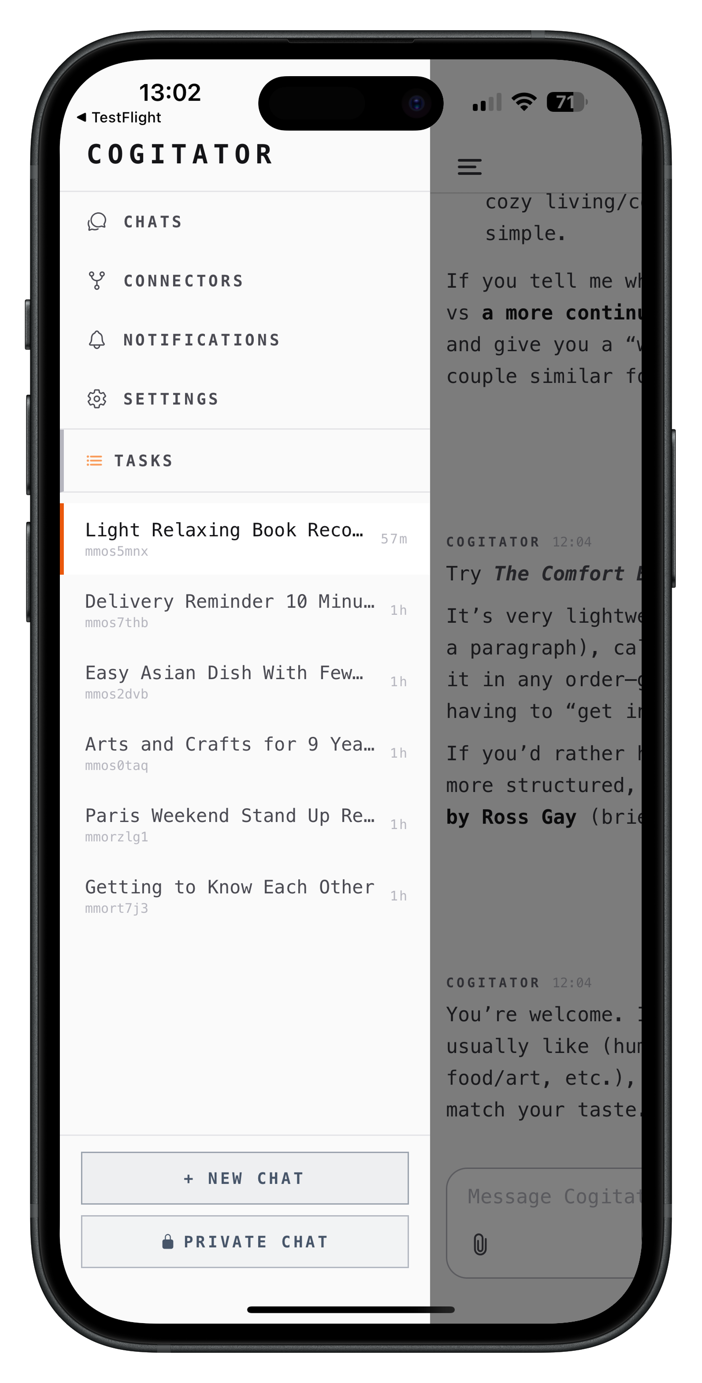 Cogitator on iOS, chat view